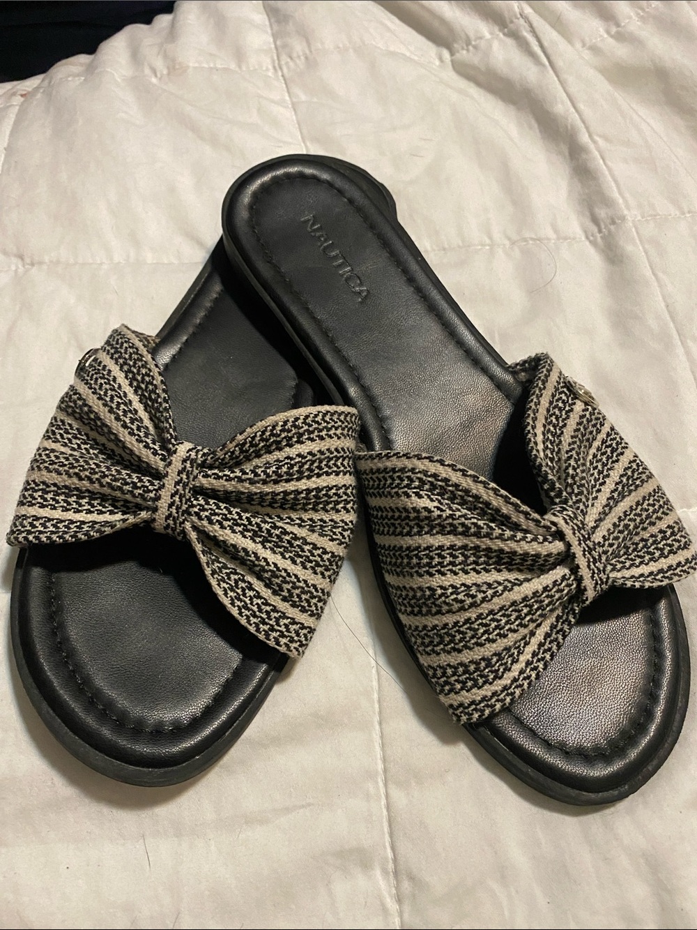 Nautica Black Slide Sandals with Striped Bow Accent